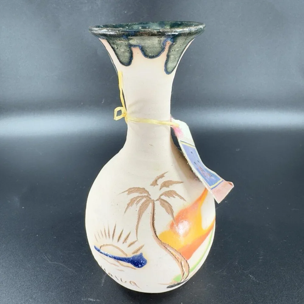 Vintage Jamaican Marblestone Pottery Vase Vessel Signed Hand‎ Made With Tag VTG